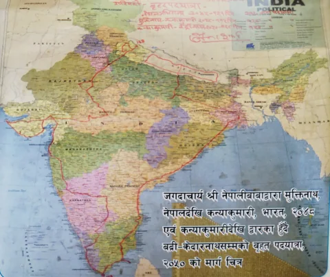 Archival map of India and Nepal with pilgrimage routes from Muktinath to Kanyakumari and onward through Dwarka to Badri-Kedarnath