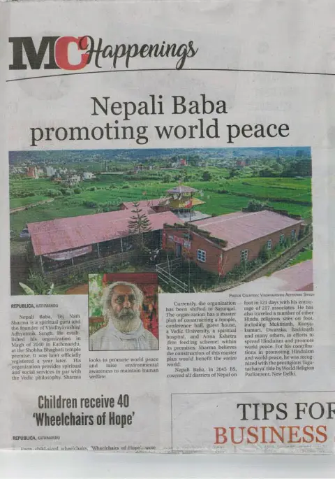 Newspaper clipping about Nepali Baba promoting world peace