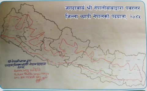 Archival map of Nepal with Nepali Baba’s district-spanning 2045 B.S. pilgrimage route marked in red